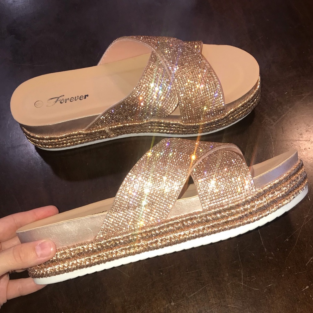 EUC Rose Gold Rhinestone Espadrille Flatforms